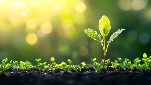 Morning dew crowns a newborn sprout in glowing sunshine.