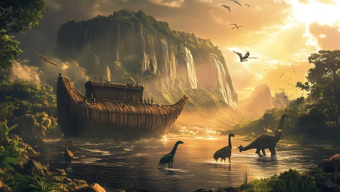 Large wooden ark floats near dinosaurs in misty canyon