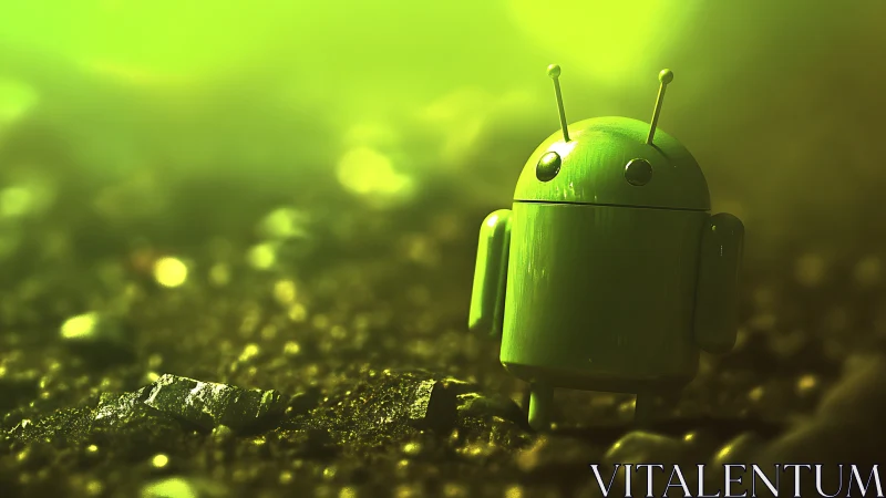 Glossy green robot mascot on luminous macro terrain.