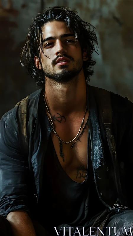 Moody portrait of rugged man in worn dark clothing.