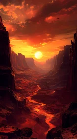 Sunset over deep canyon with glowing molten river path.
