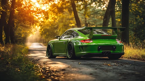 Vibrant green sports coupe on forest road at sunset.