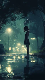 Quiet girl in the rainlit street finding a thoughtful pause.