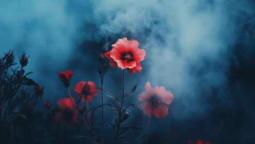 Red flowers against blurred blue atmospheric background.