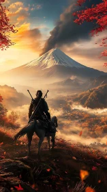 Samurai rider observing distant smoking mountain peak.