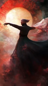 Mystic dancer in swirling robes before blazing cosmic sun.