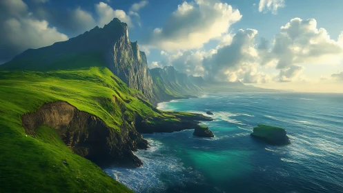 Alpine Coastal Peak with Verdant Slopes and Turquoise Waters.