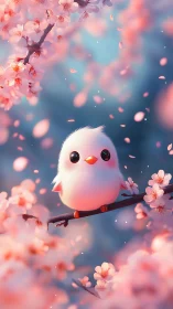 Soft-lit white songbird on cherry blossom branch in bloom