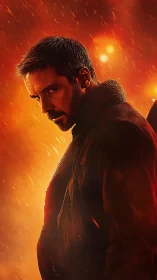 Brooding lone figure stands in fiery, rain-lit glow