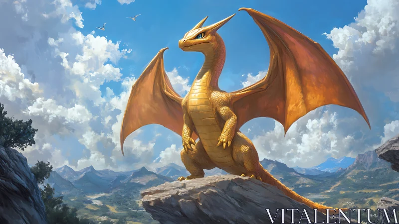 Sunlit dragon monarch surveys bright kingdoms below