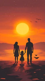 Silhouetted family watching sunset over calm shoreline.