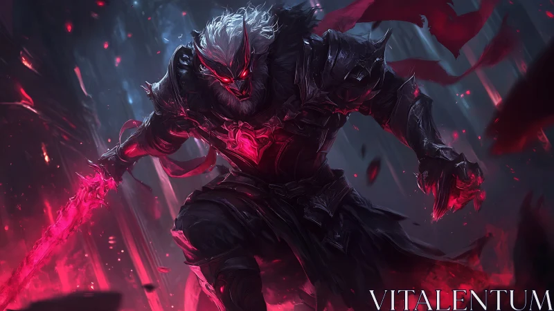 Armored dark knight channels crimson energy through cursed blade