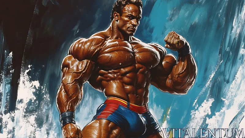 Titan of painted muscle storms a roaring abstract sky.