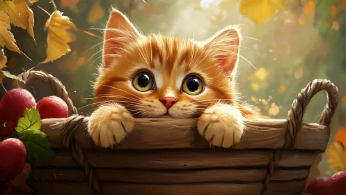 Ginger Kitten in Autumn Basket with Apples.