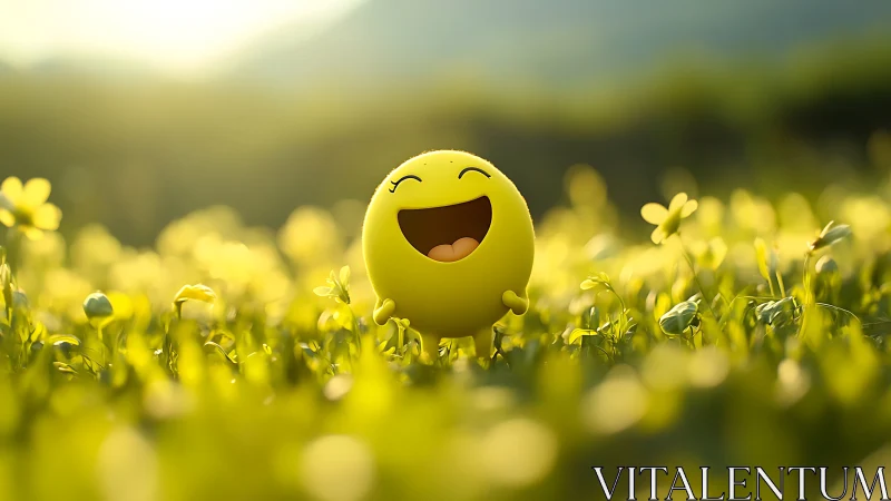 Luminous emoticon sphere in shallow-depth meadow illumination.