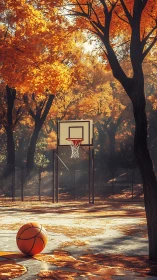 Autumn court hush where a lone basketball waits for echoes.