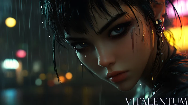 Moody cyberpunk girl in rain with neon city lights.