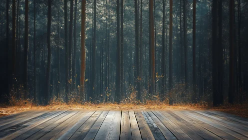 Wooden Deck Facing Dense Forest Edge at Sunlight.