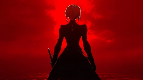 Lone anime swordswoman faces blood red storm horizon.