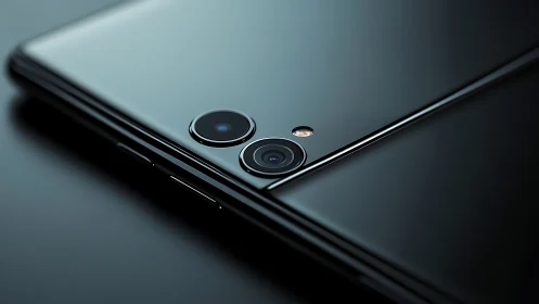 Midnight-black smartphone camera gleams in cinematic closeup.