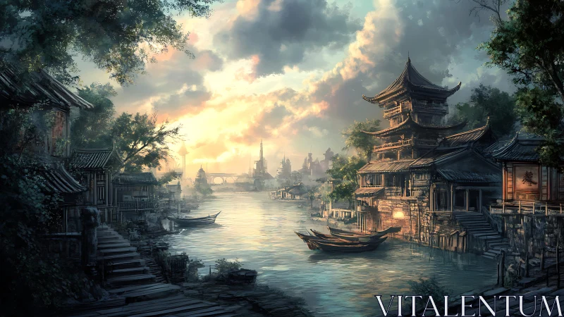 Riverside traditional settlement with boats at sunset light.