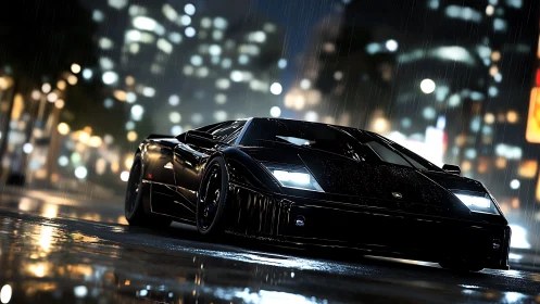 Black sports car on wet city street at night in rain.