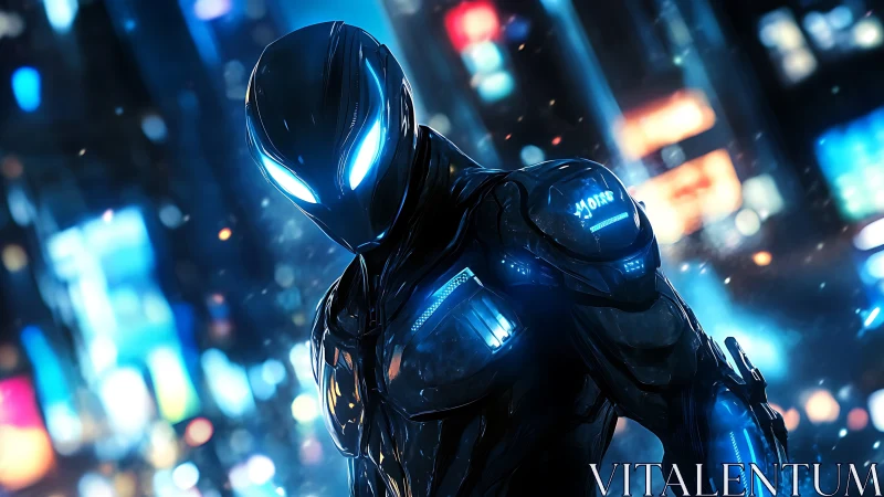 Futuristic armored cyber hero in glowing neon cityscape.