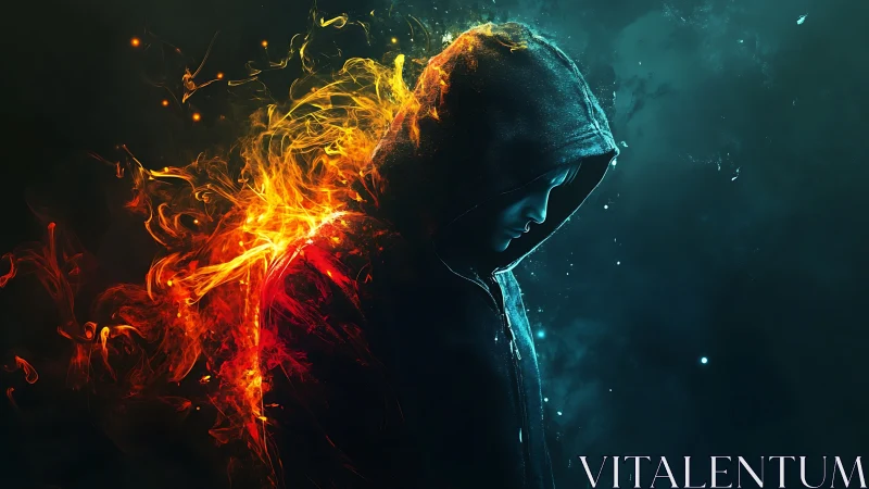 Hooded figure stands in profile amid stylized flame and smoke