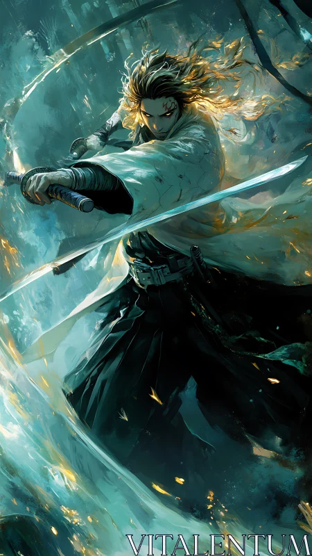 Warrior wielding twin blades amid swirling elemental storm