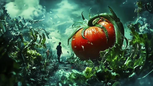 Child confronts colossal tomato in stormlit surreal garden
