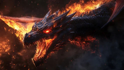 Fire breathing black dragon with molten glowing eyes.