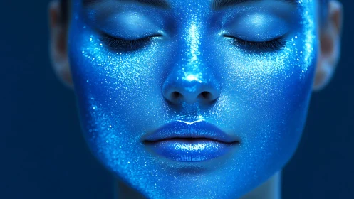 Metallic blue face portrait shows glittered closed eyes
