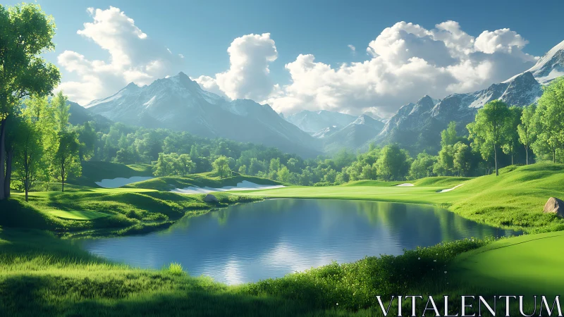 Mountain golf lake reflects bright fairways and distant peaks