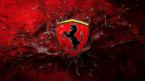 Ferrari-style shield logo centered in red liquid splash