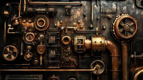 Mechanical wall structure displays interconnected brass machinery