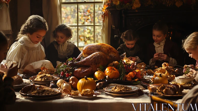 Victorian style family thanksgiving feast with children gathered