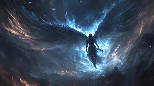 Winged guardian rising through stormlit cosmic skies.