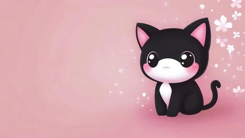 Cute Black Kitten with Pink Ears on Pastel Background.