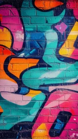 Vibrant geometric graffiti mural on textured brick surface.