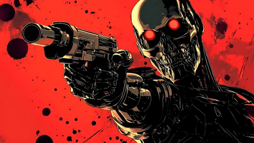 Killer combat robot points handgun toward viewer on red field