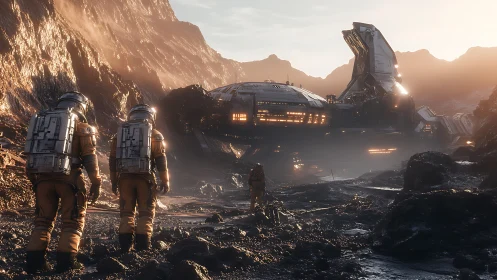 Extravehicular crew approaches landed starship on rocky exoplanet.