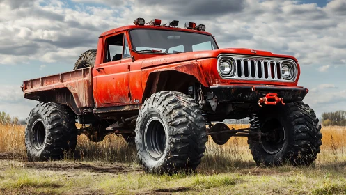 Lifted red Jeep pickup truck on giant off-road mud tires.