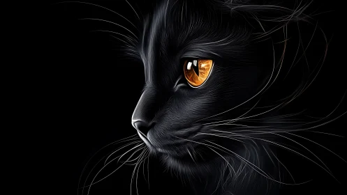 Black Cat Head Study with Luminous Amber Eyes and Detailed Whisker Geometry