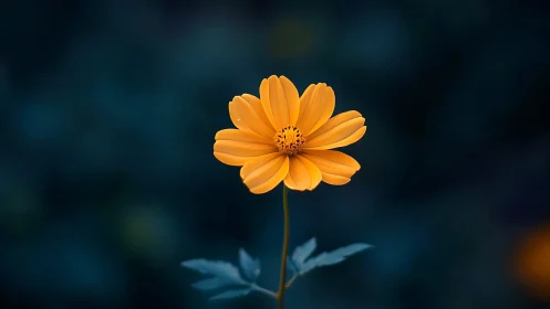 Golden Cosmos Flower Against Teal Bokeh Background.