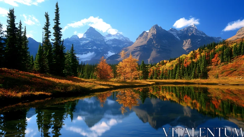 Alpine lake mirrors golden autumn forest and rugged peaks.