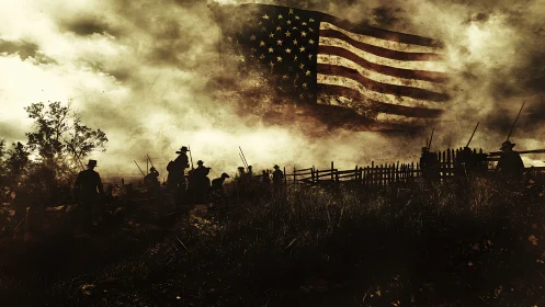 Civil War battlefield scene under large distressed flag.