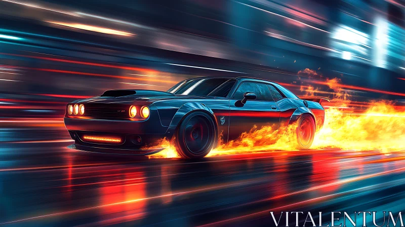 Muscle car racing through neon city with trailing flames.