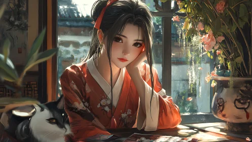 Thoughtful girl in red kimono by window with cat and flowers.