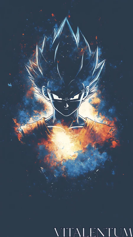 Cosmic warrior ignites in blazing orange and electric blue fury.