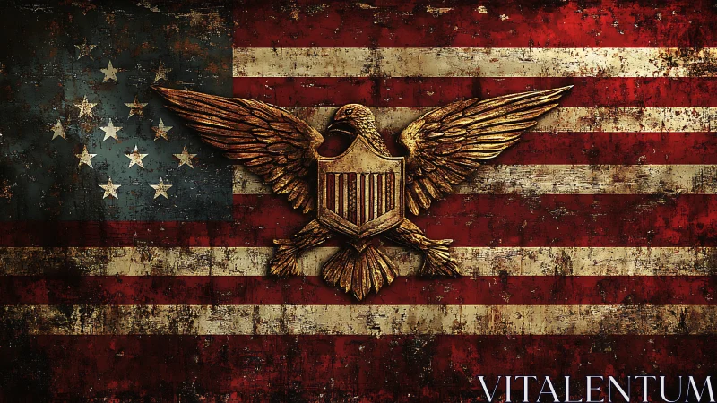 Weathered eagle crest glows fiercely over worn US stripes